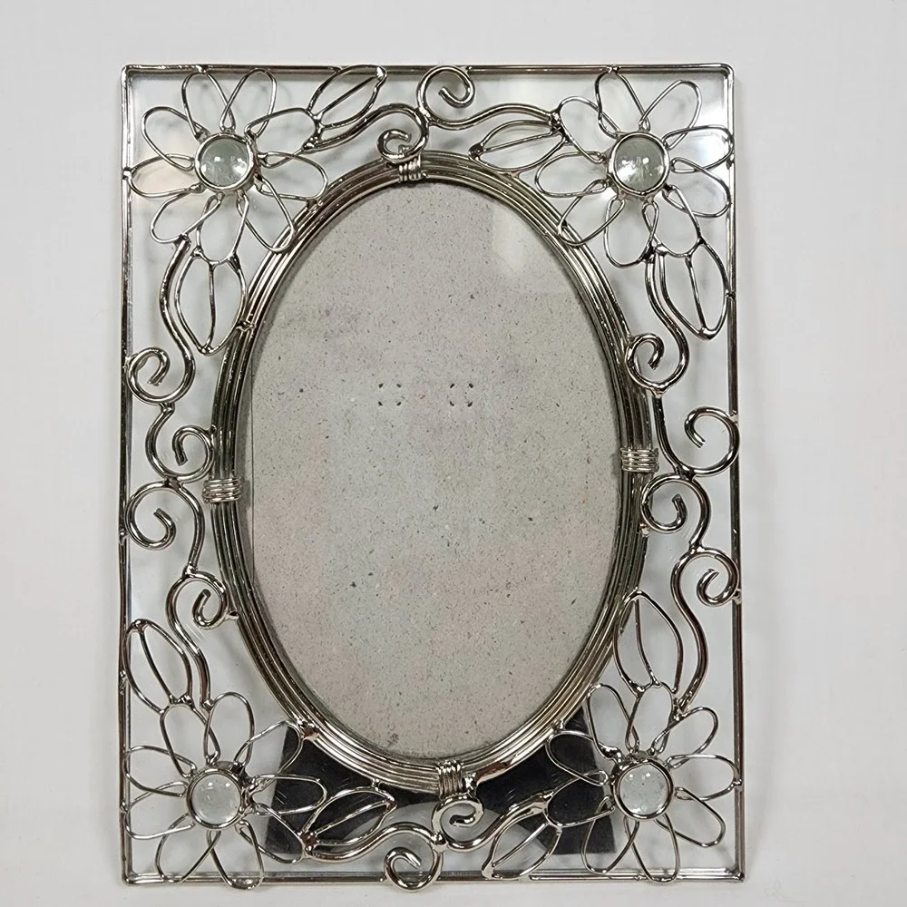 Ornate Metal Wire Picture Frame Silver Tone Floral Design Rectangle & Oval Shape